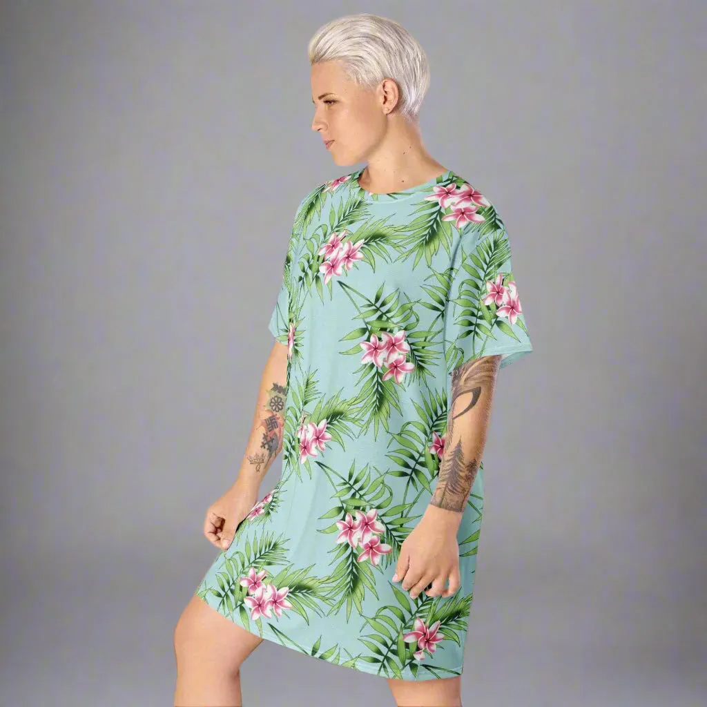 Aqua Floral Print Oversized T-Shirt Dress 2XS-6XL