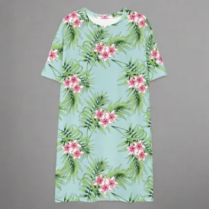 Aqua Floral Print Oversized T-Shirt Dress 2XS-6XL