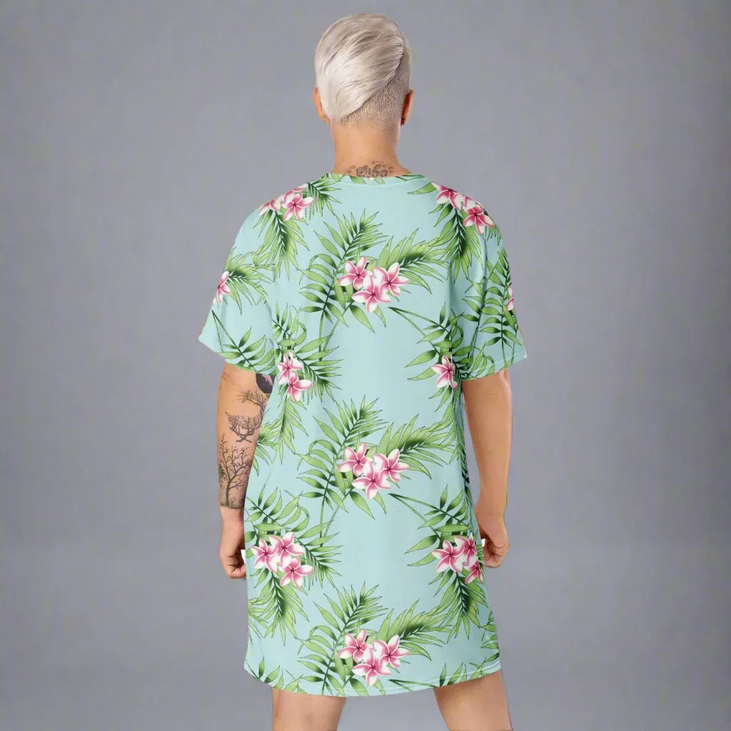 Aqua Floral Print Oversized T-Shirt Dress 2XS-6XL