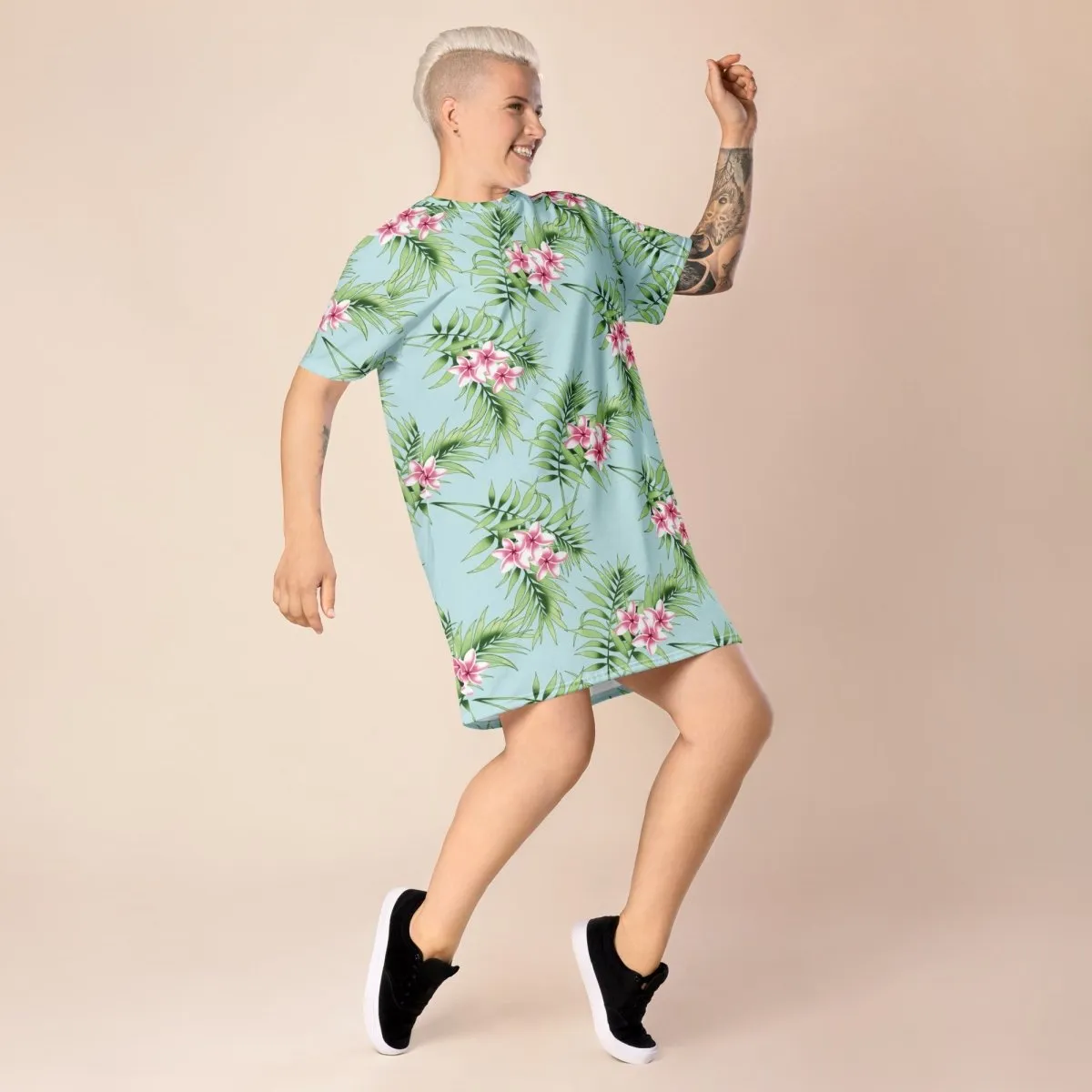 Aqua Floral Print Oversized T-Shirt Dress 2XS-6XL