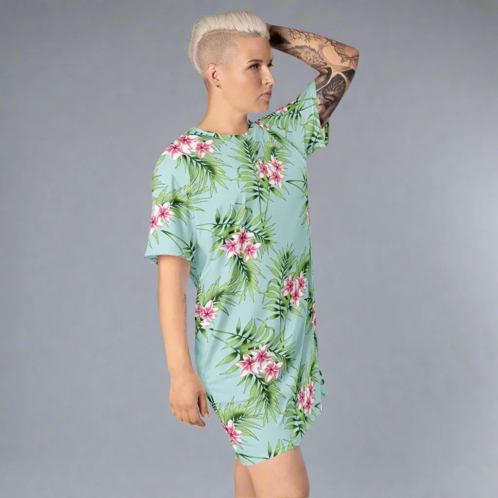 Aqua Floral Print Oversized T-Shirt Dress 2XS-6XL