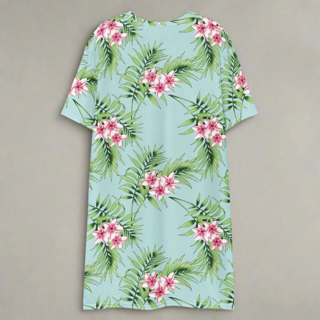 Aqua Floral Print Oversized T-Shirt Dress 2XS-6XL