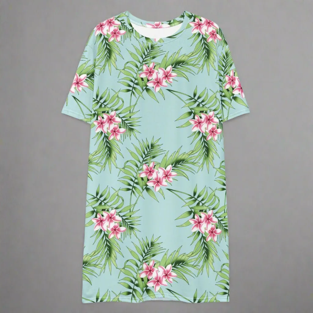 Aqua Floral Print Oversized T-Shirt Dress 2XS-6XL