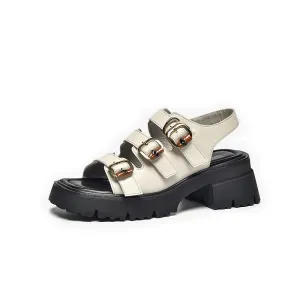 BeauToday Leather Three Strap Buckle Decor Sandals with Block Heeled for Women