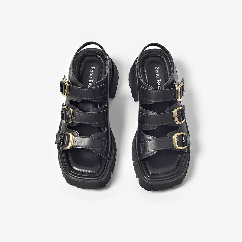 BeauToday Leather Three Strap Buckle Decor Sandals with Block Heeled for Women
