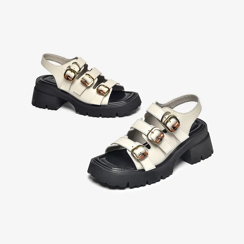 BeauToday Leather Three Strap Buckle Decor Sandals with Block Heeled for Women