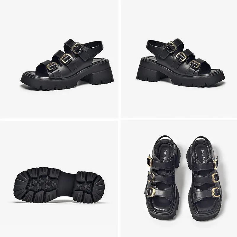 BeauToday Leather Three Strap Buckle Decor Sandals with Block Heeled for Women