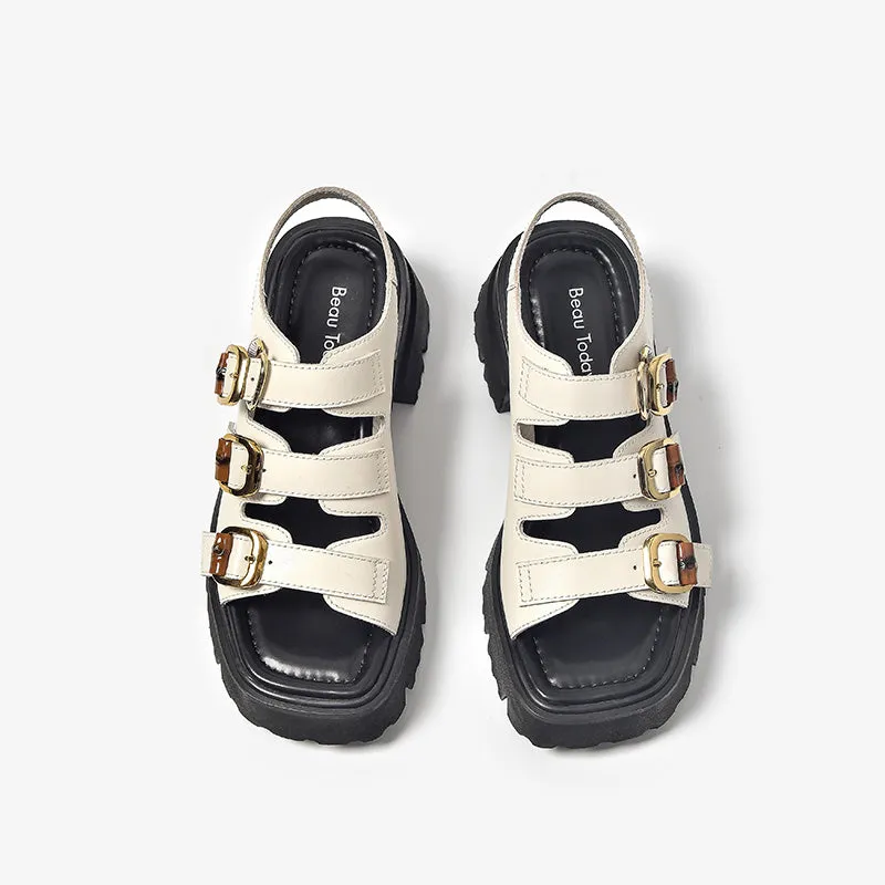 BeauToday Leather Three Strap Buckle Decor Sandals with Block Heeled for Women