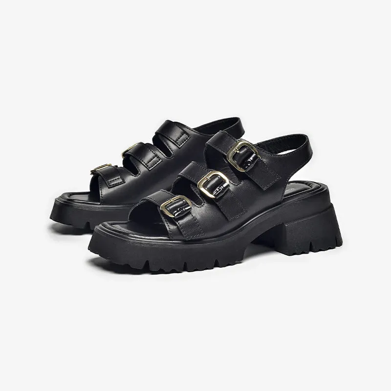 BeauToday Leather Three Strap Buckle Decor Sandals with Block Heeled for Women