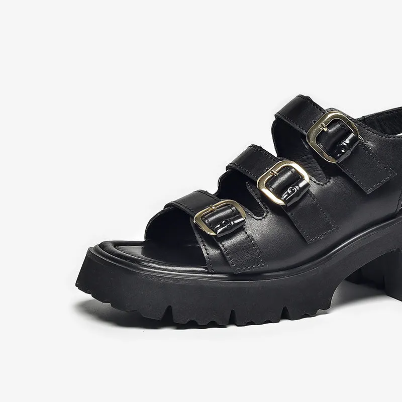 BeauToday Leather Three Strap Buckle Decor Sandals with Block Heeled for Women