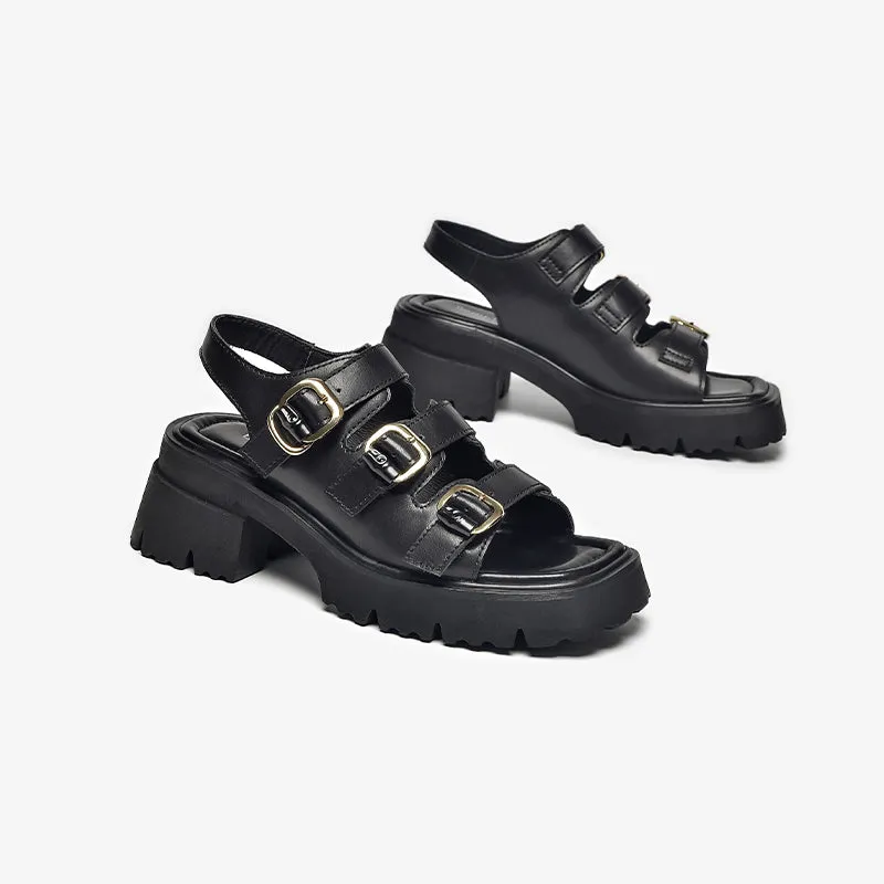 BeauToday Leather Three Strap Buckle Decor Sandals with Block Heeled for Women
