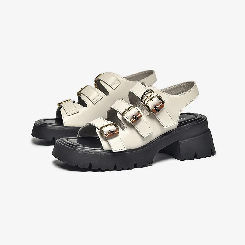 BeauToday Leather Three Strap Buckle Decor Sandals with Block Heeled for Women