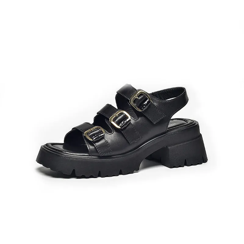 BeauToday Leather Three Strap Buckle Decor Sandals with Block Heeled for Women