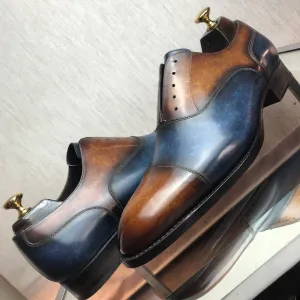 Height Increasing Tan and Navy Blue Leather Varzim Oxfords - Formal Shoes