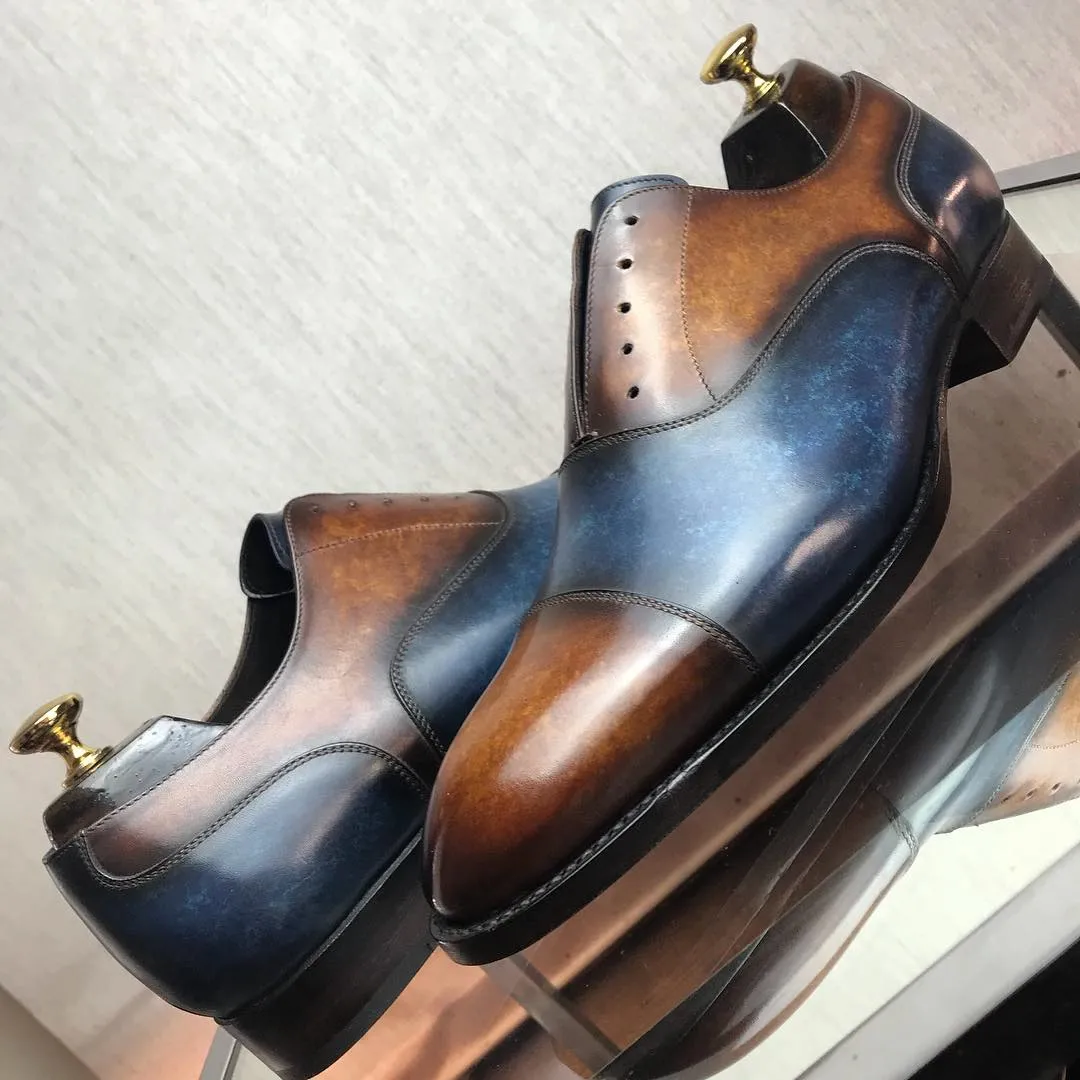 Height Increasing Tan and Navy Blue Leather Varzim Oxfords - Formal Shoes