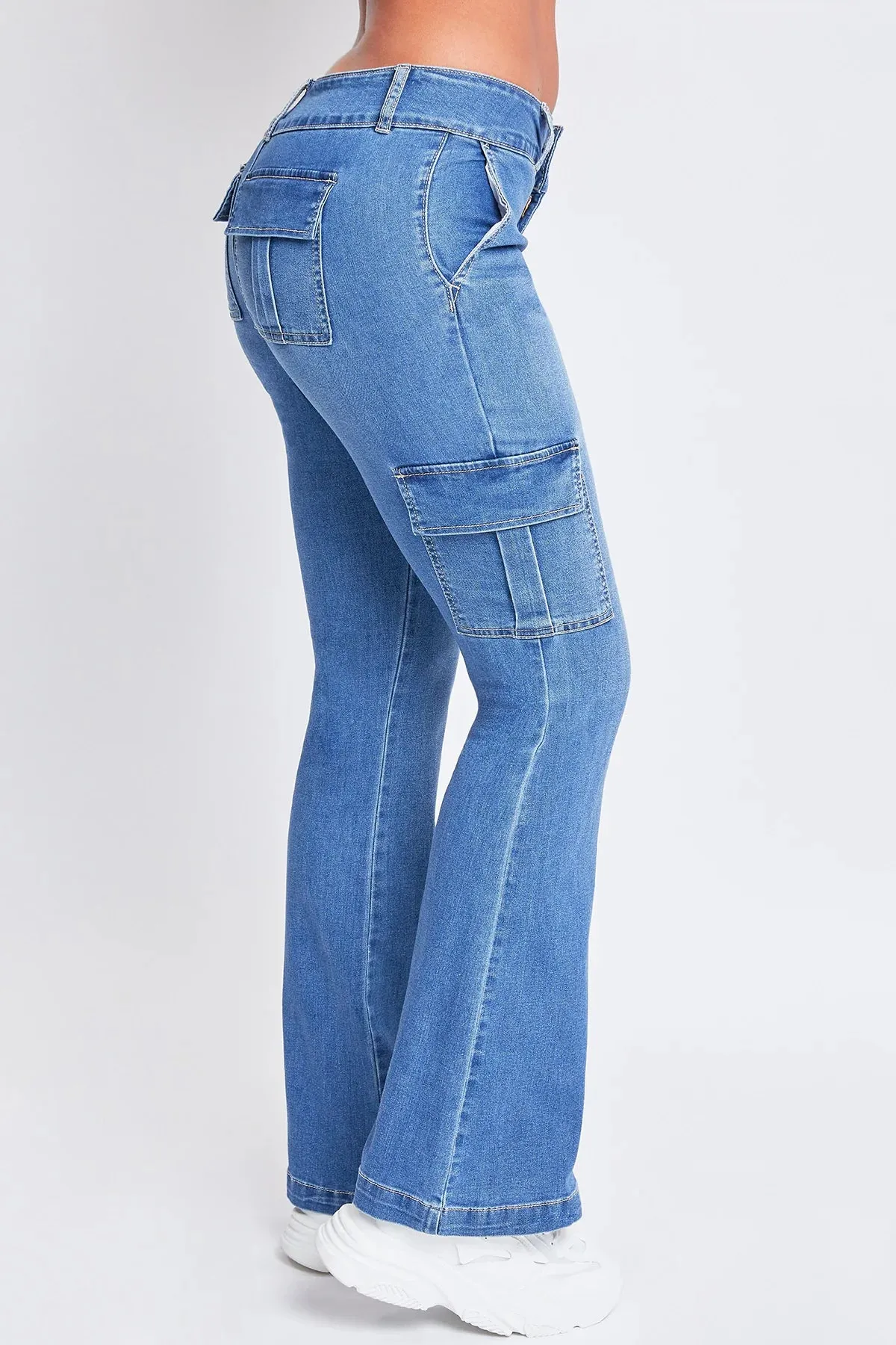 MEDIUM WASH LOW RISE CARGO FLARE JEANS by YMI