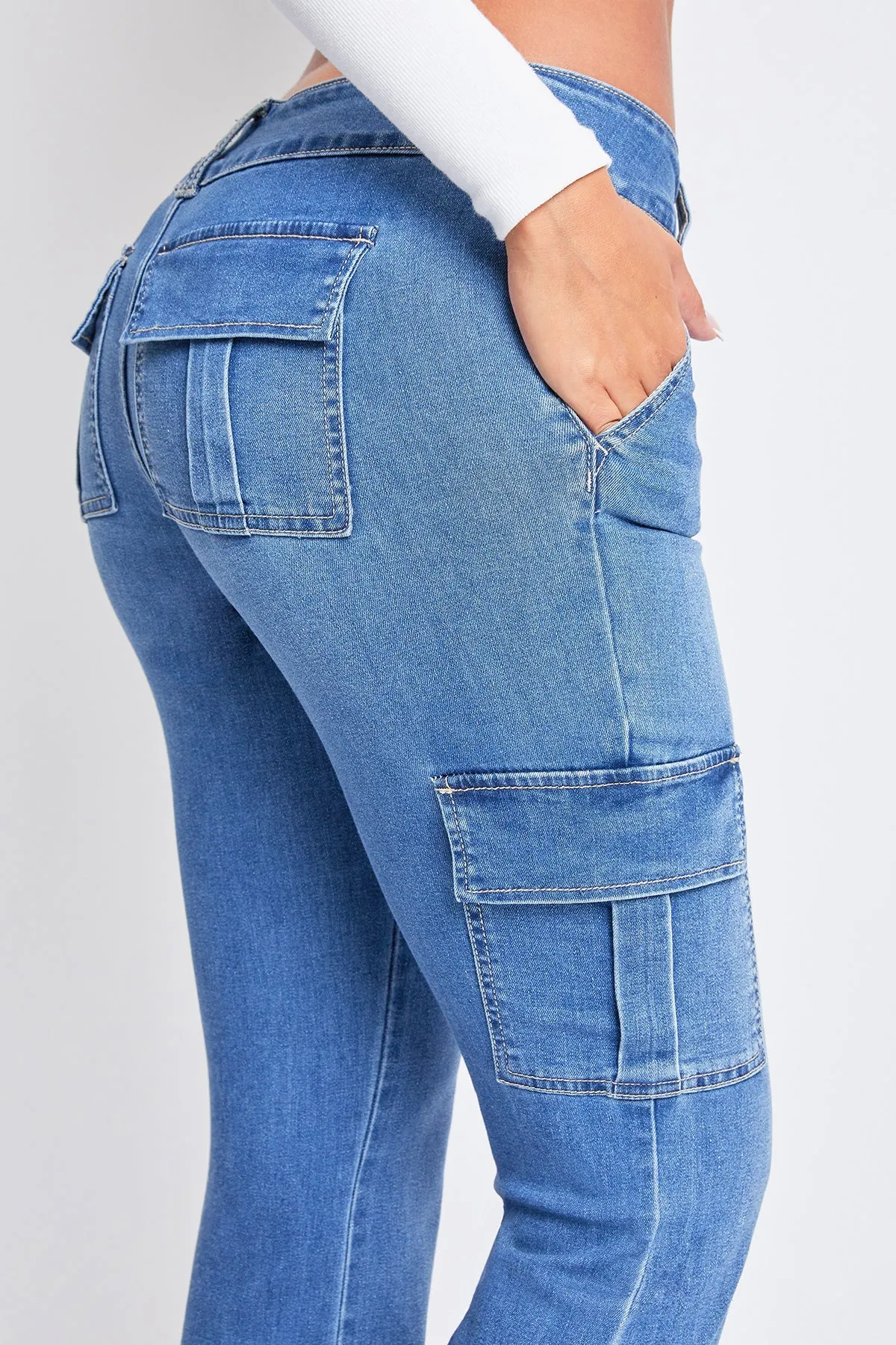 MEDIUM WASH LOW RISE CARGO FLARE JEANS by YMI