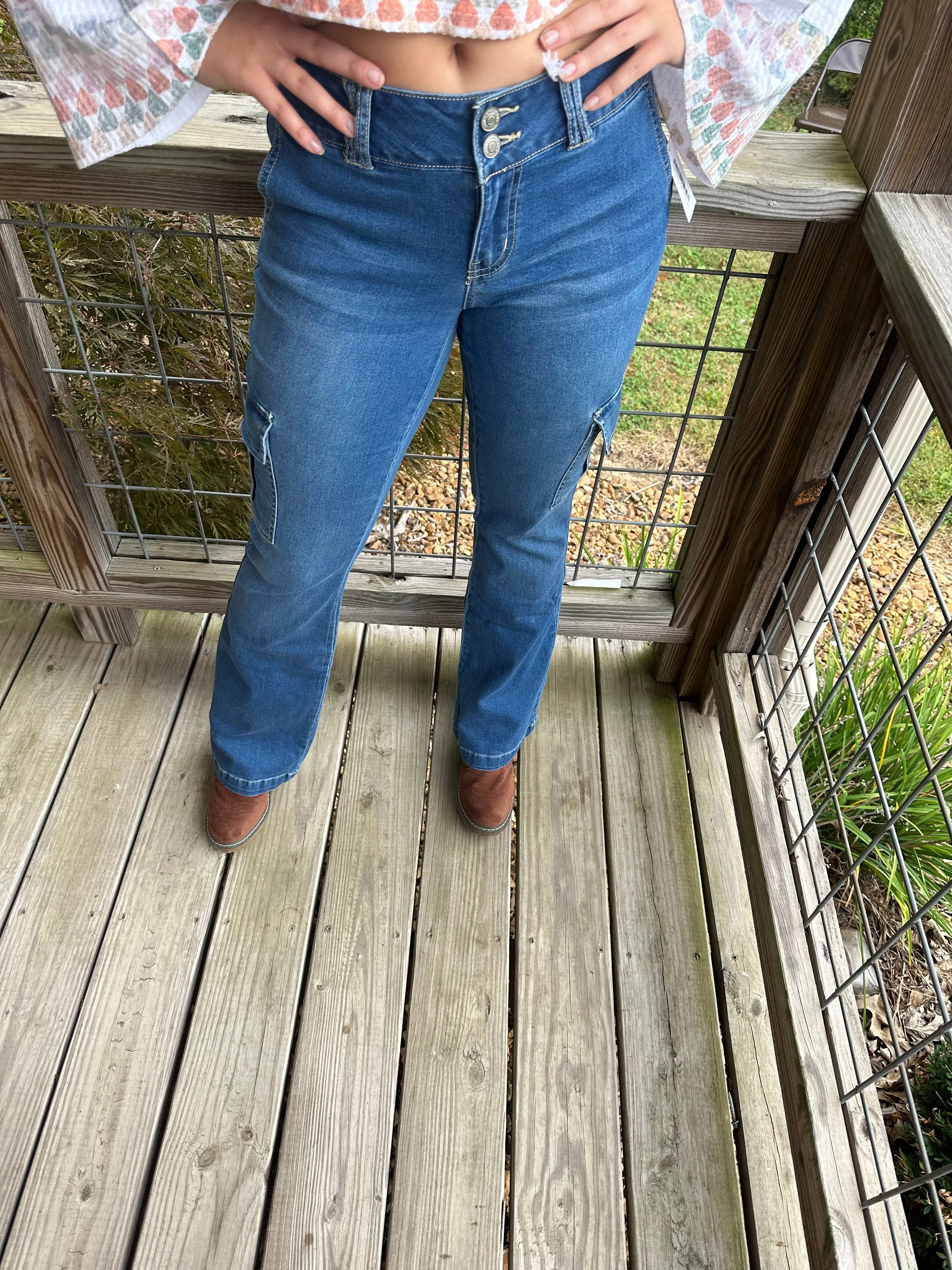 MEDIUM WASH LOW RISE CARGO FLARE JEANS by YMI