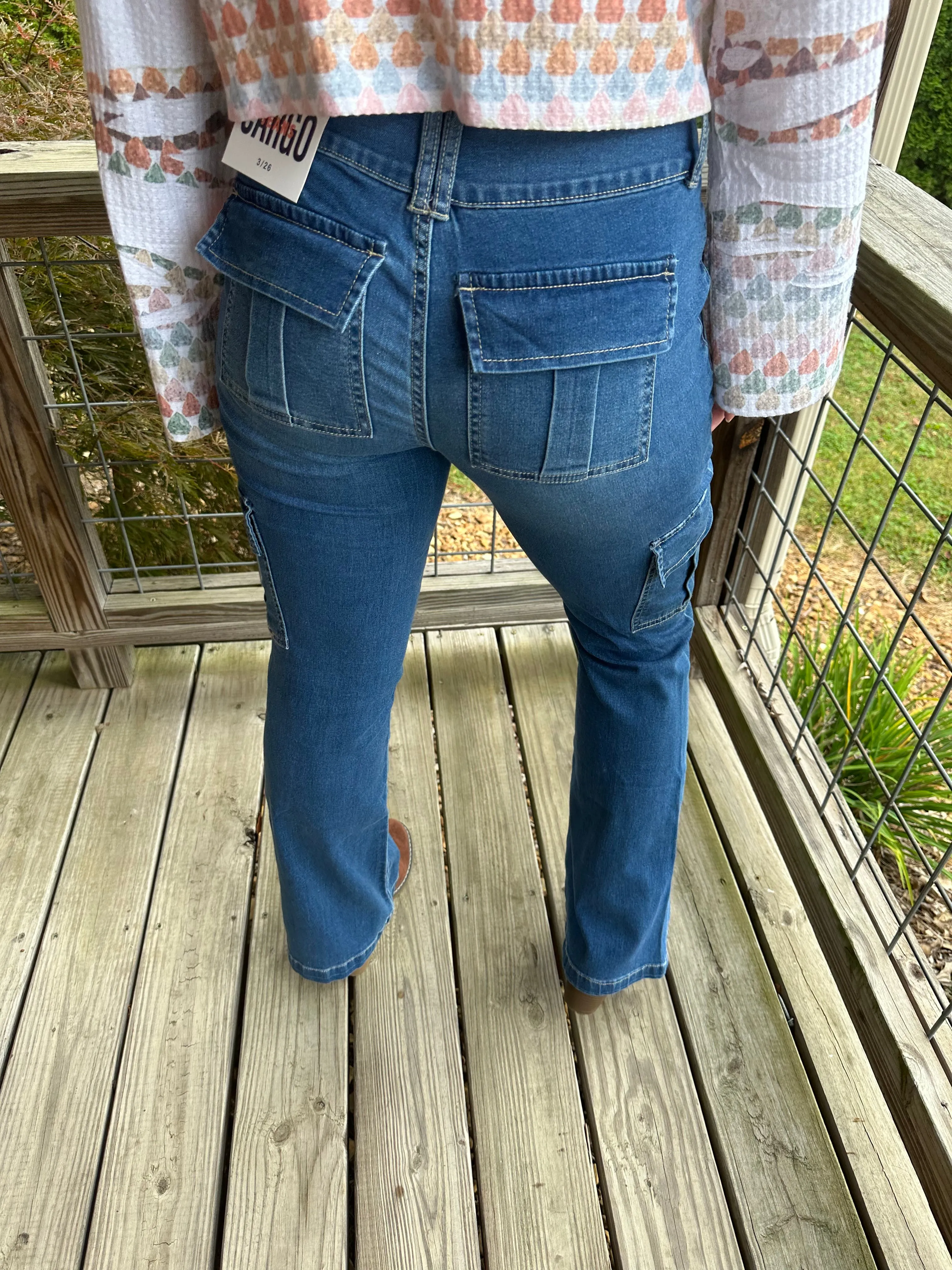 MEDIUM WASH LOW RISE CARGO FLARE JEANS by YMI