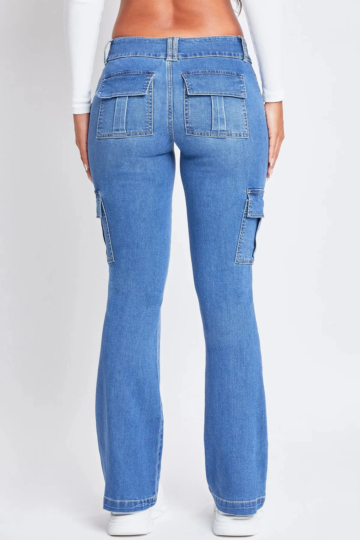 MEDIUM WASH LOW RISE CARGO FLARE JEANS by YMI