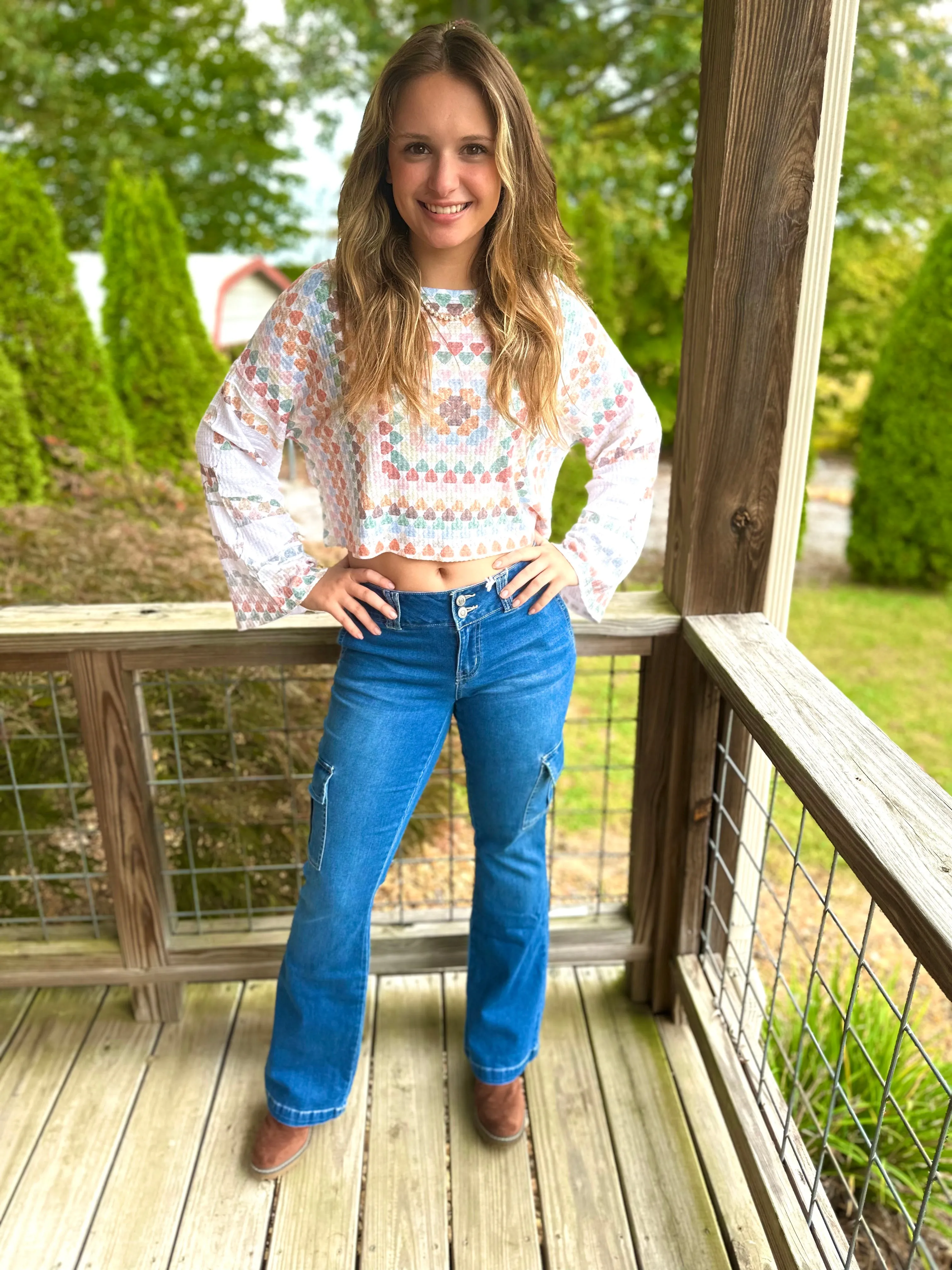 MEDIUM WASH LOW RISE CARGO FLARE JEANS by YMI