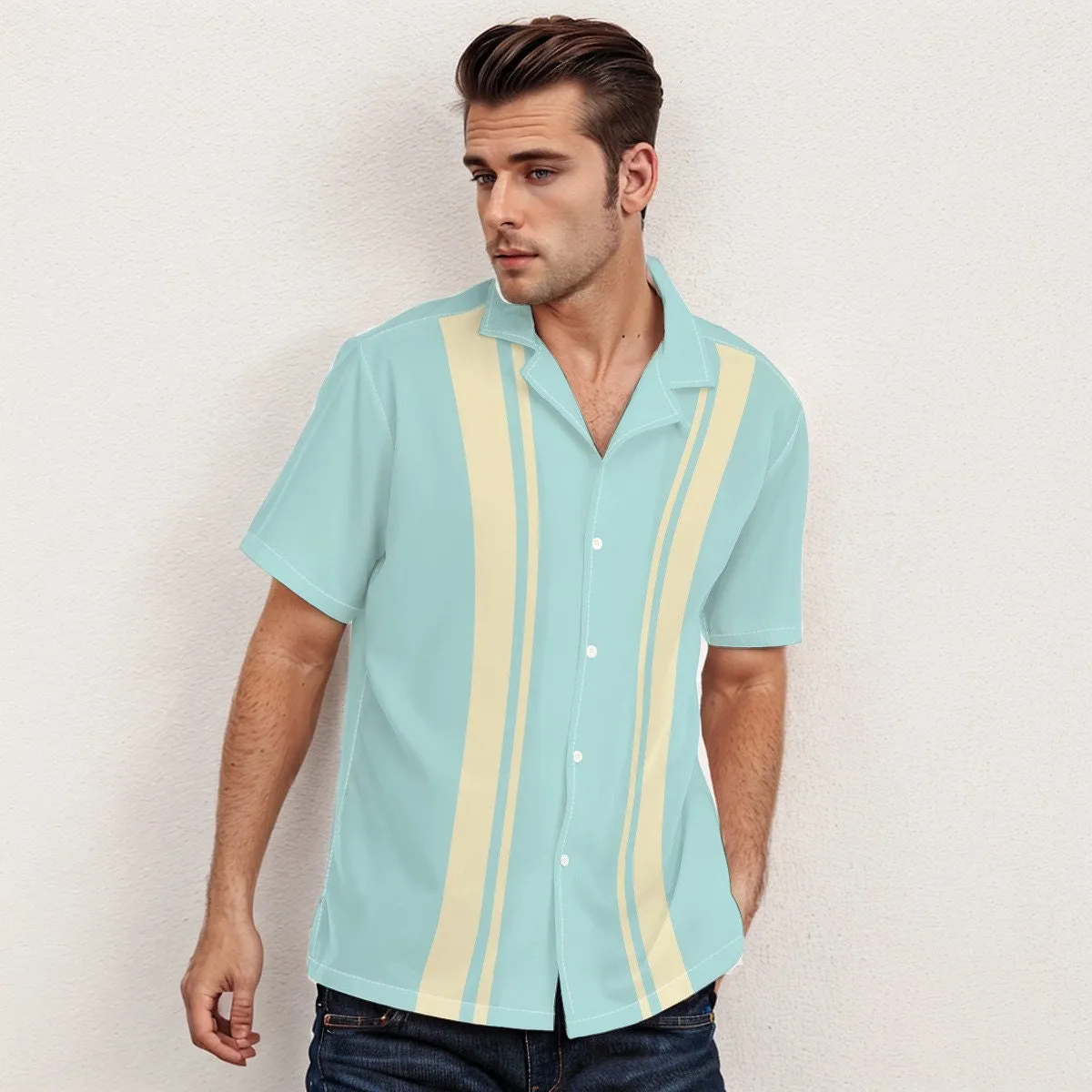 Men's Baby Blue 60s Retro Style Vintage Bowling Shirt - Vintage 60s Style Top