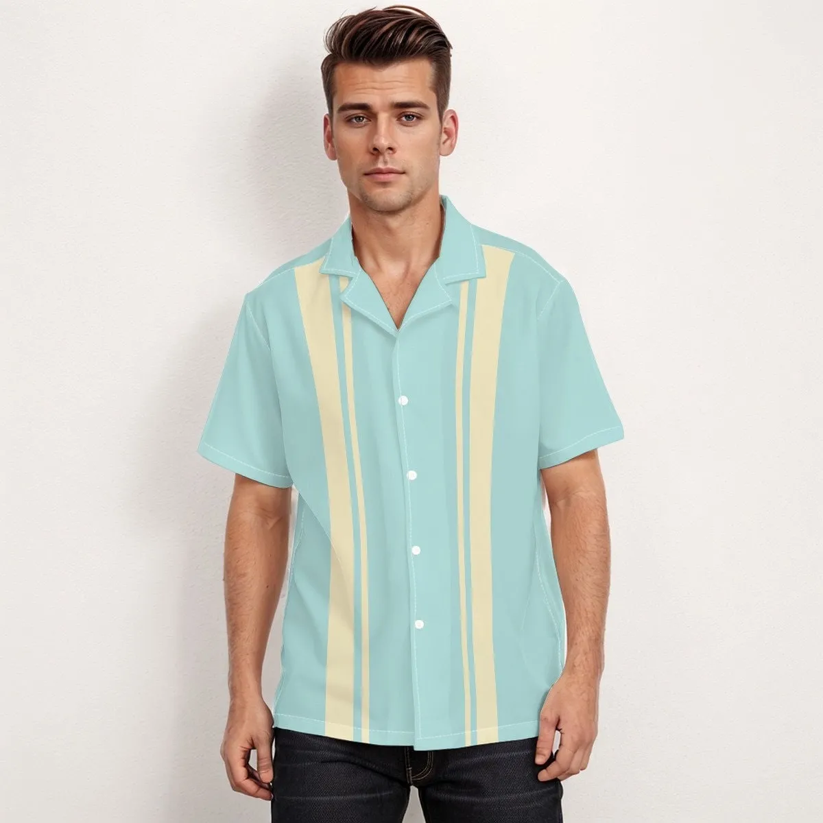Men's Baby Blue 60s Retro Style Vintage Bowling Shirt - Vintage 60s Style Top