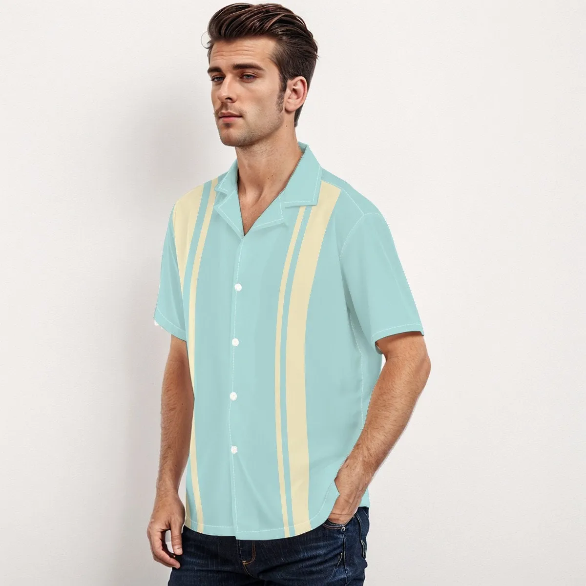 Men's Baby Blue 60s Retro Style Vintage Bowling Shirt - Vintage 60s Style Top