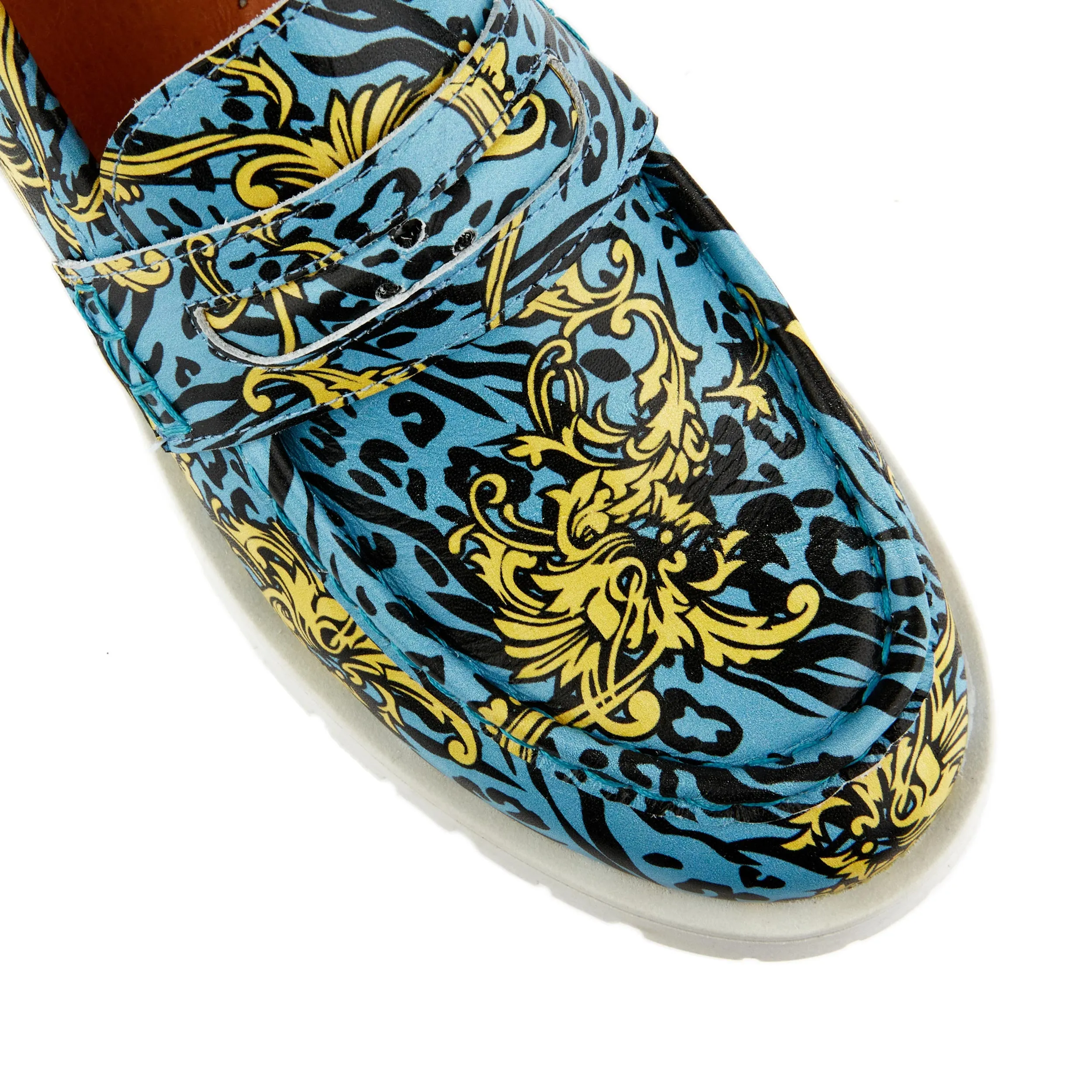 Pier - Light Blue Yellow - Women's chunky platform sole leather slip on penny loafer