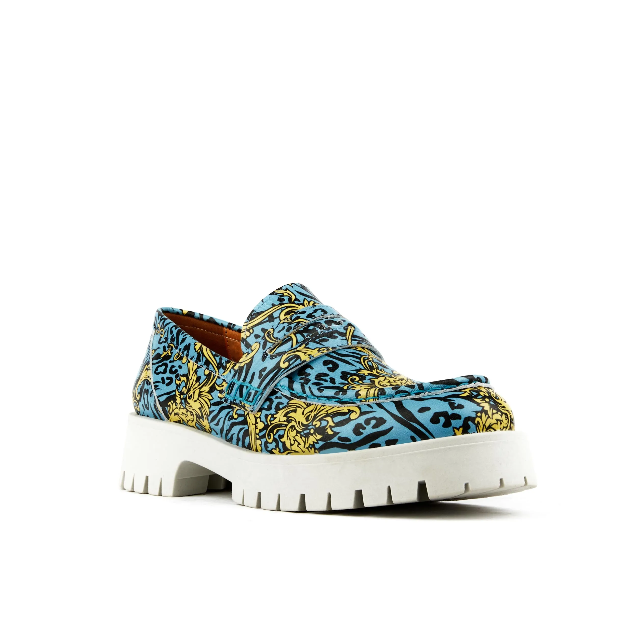Pier - Light Blue Yellow - Women's chunky platform sole leather slip on penny loafer