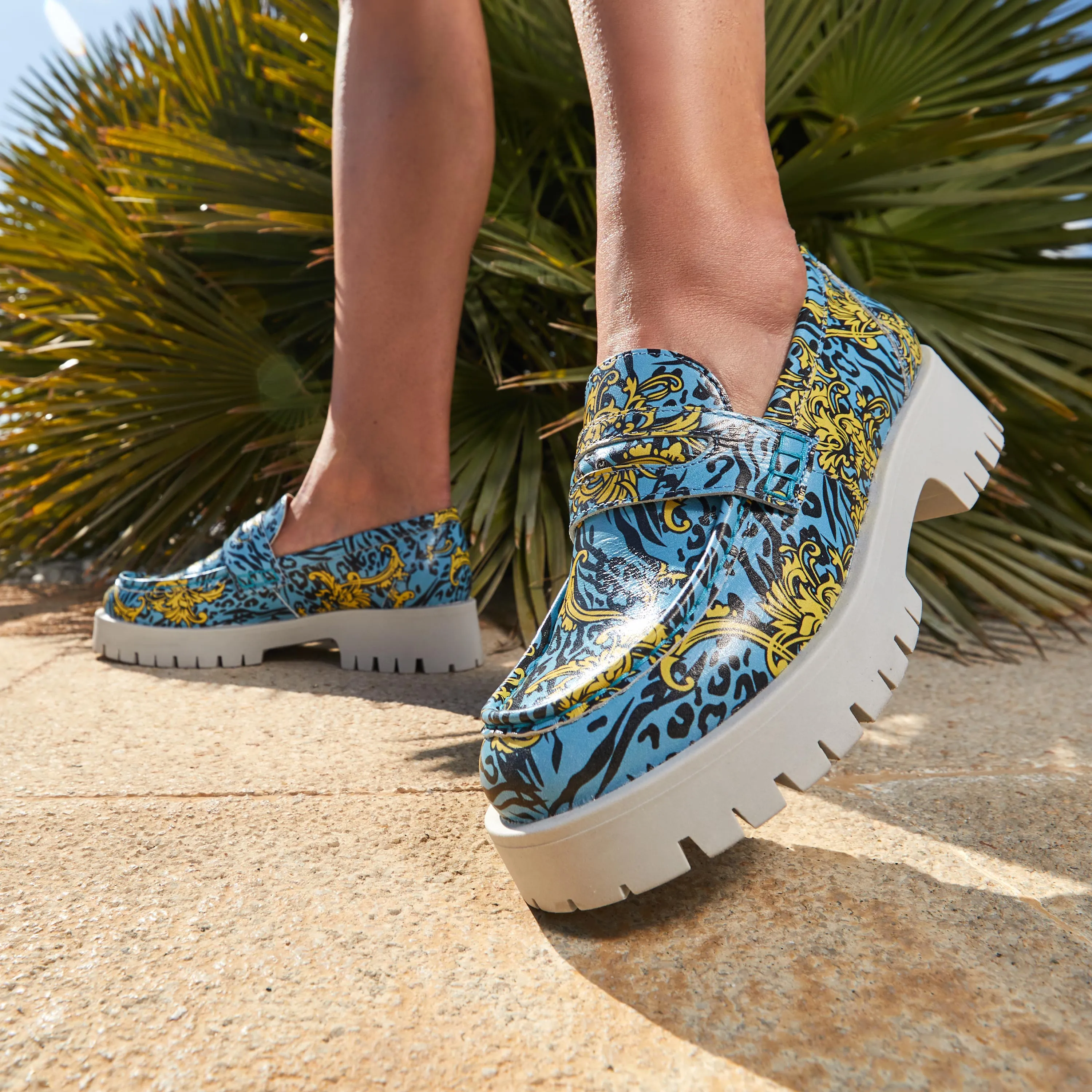 Pier - Light Blue Yellow - Women's chunky platform sole leather slip on penny loafer
