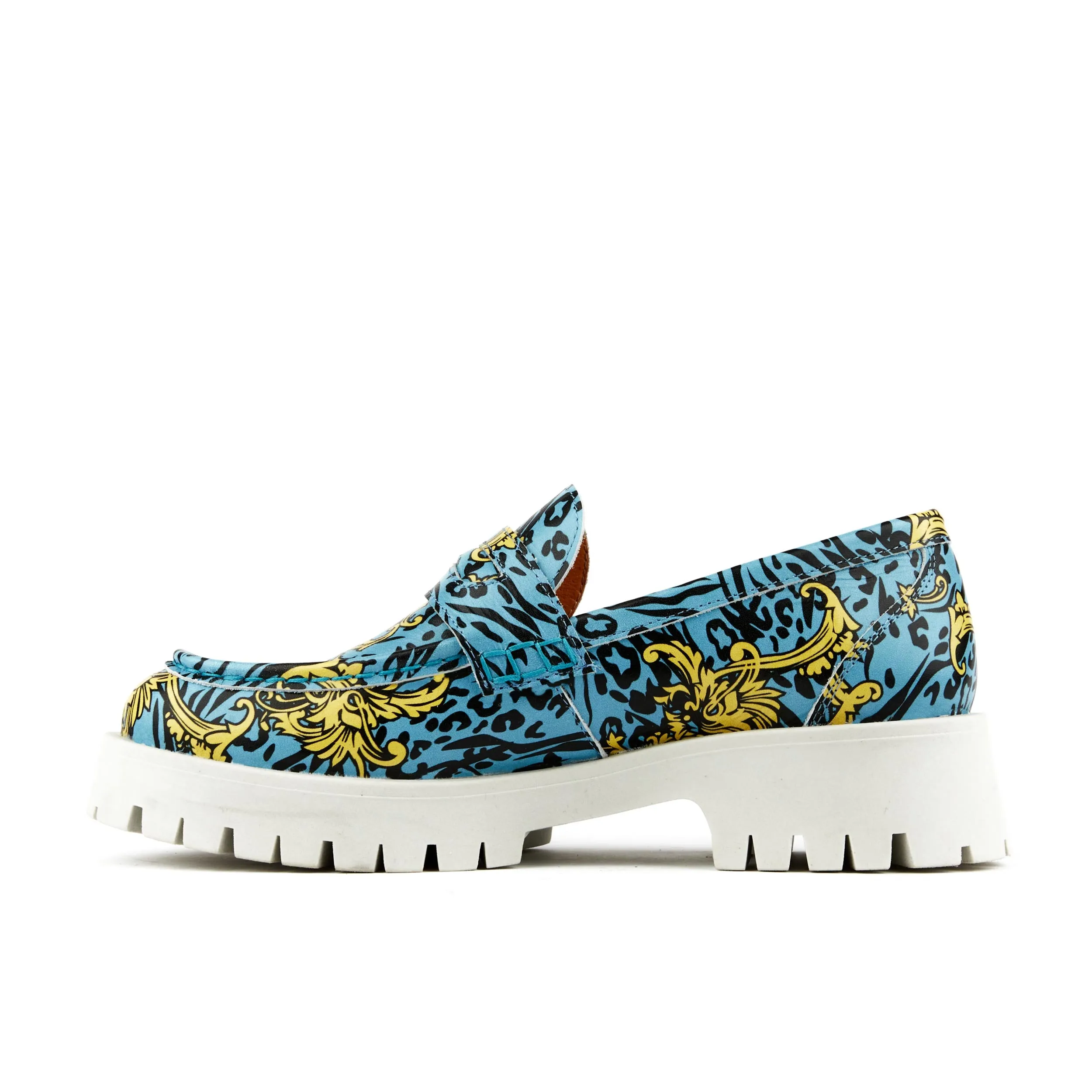 Pier - Light Blue Yellow - Women's chunky platform sole leather slip on penny loafer