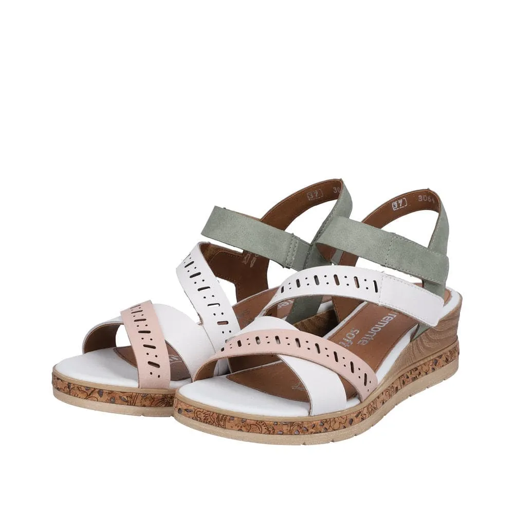 Remonte D3064-80 Ladies White, Pink & Green Leather & Textile Touch Fastening Sandals