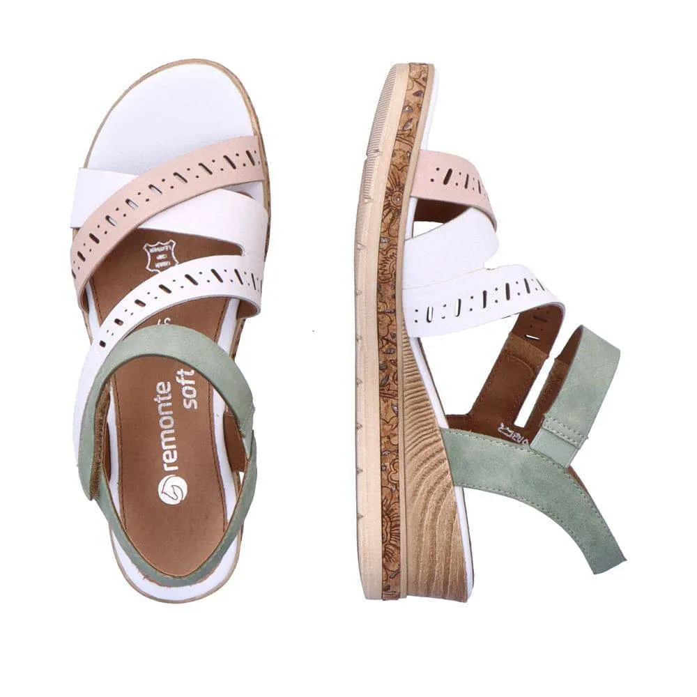 Remonte D3064-80 Ladies White, Pink & Green Leather & Textile Touch Fastening Sandals