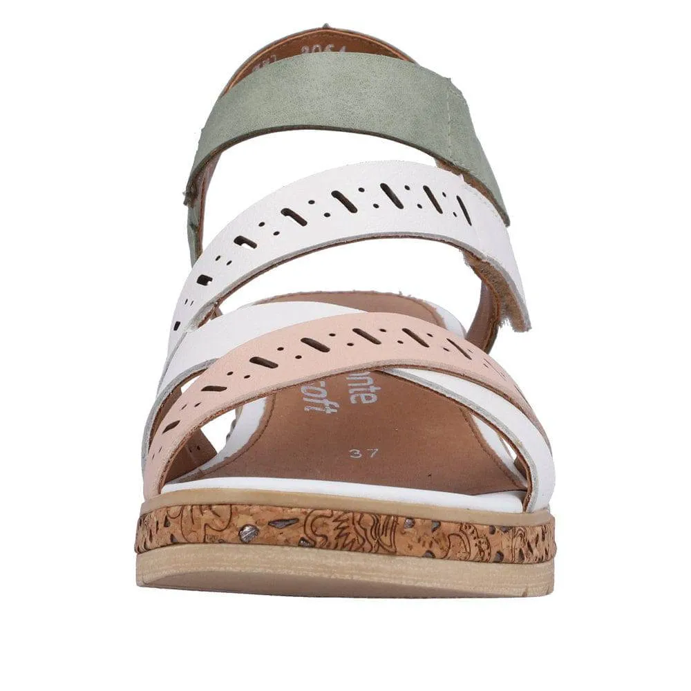 Remonte D3064-80 Ladies White, Pink & Green Leather & Textile Touch Fastening Sandals