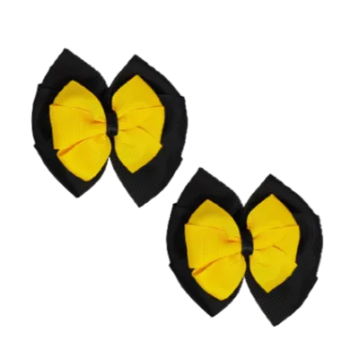 School Hair Accessories Double Bella Hair Bow 10cm - Black Base & Centre Ribbon (24 colours top)