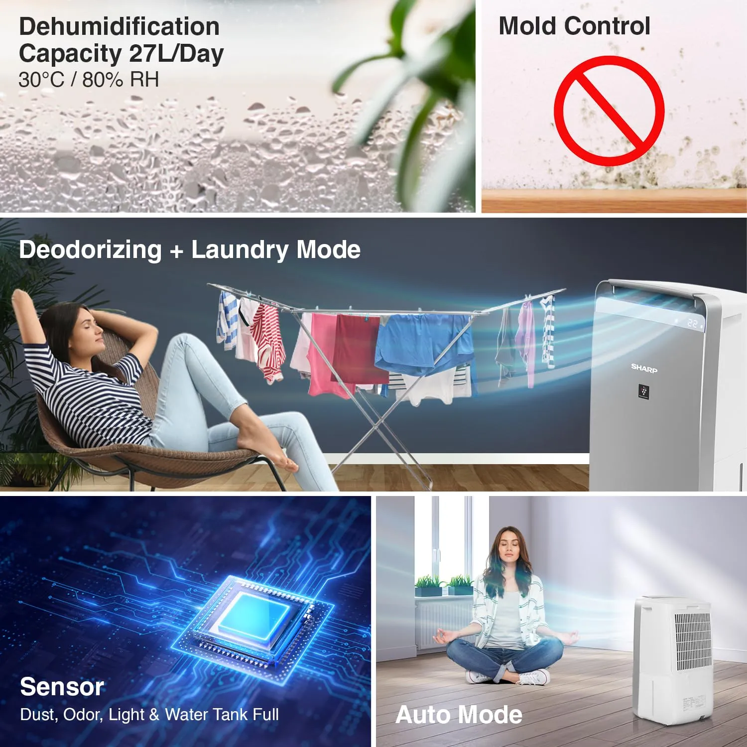 SHARP DW-J27FM-S Air Purifier with Dehumidifier 27L/day | HEPA Filter, Plasmacluster Ion, PM2.5 Indicator | 4.6L Tank | 720 Sq.Ft Coverage |