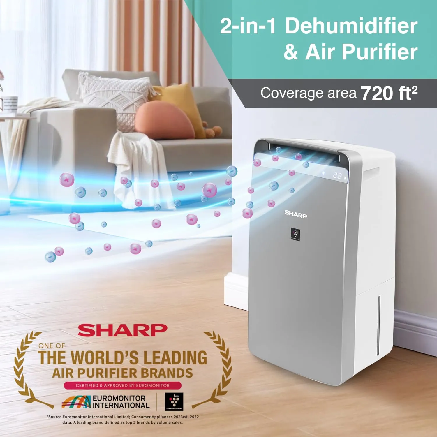 SHARP DW-J27FM-S Air Purifier with Dehumidifier 27L/day | HEPA Filter, Plasmacluster Ion, PM2.5 Indicator | 4.6L Tank | 720 Sq.Ft Coverage |