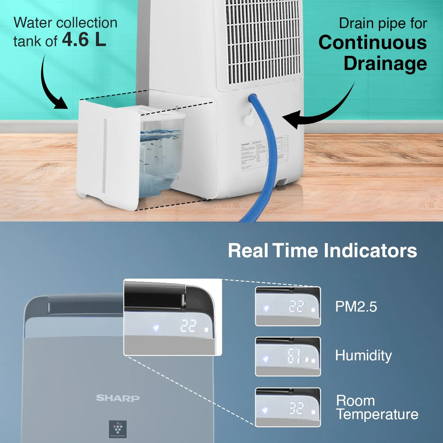 SHARP DW-J27FM-S Air Purifier with Dehumidifier 27L/day | HEPA Filter, Plasmacluster Ion, PM2.5 Indicator | 4.6L Tank | 720 Sq.Ft Coverage |