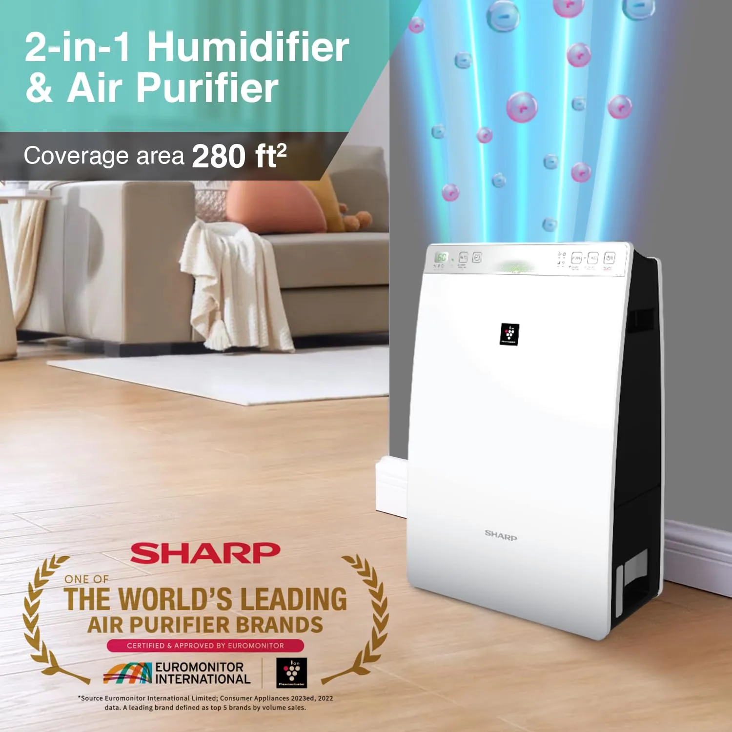 Sharp Plasmacluster Air Purifier with Humidification, for Rooms of up to 226 sq ft KC-F30E-W