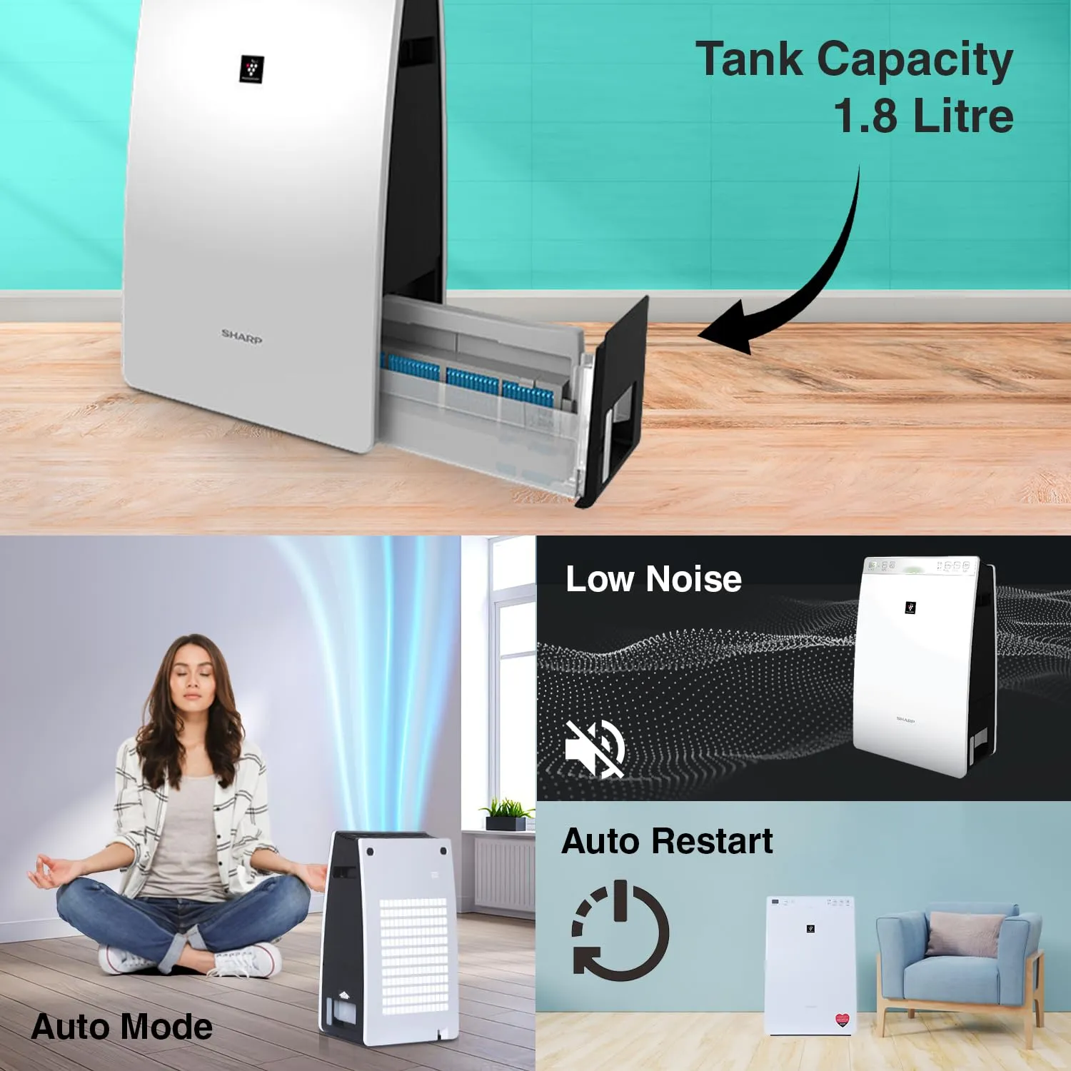 Sharp Plasmacluster Air Purifier with Humidification, for Rooms of up to 226 sq ft KC-F30E-W