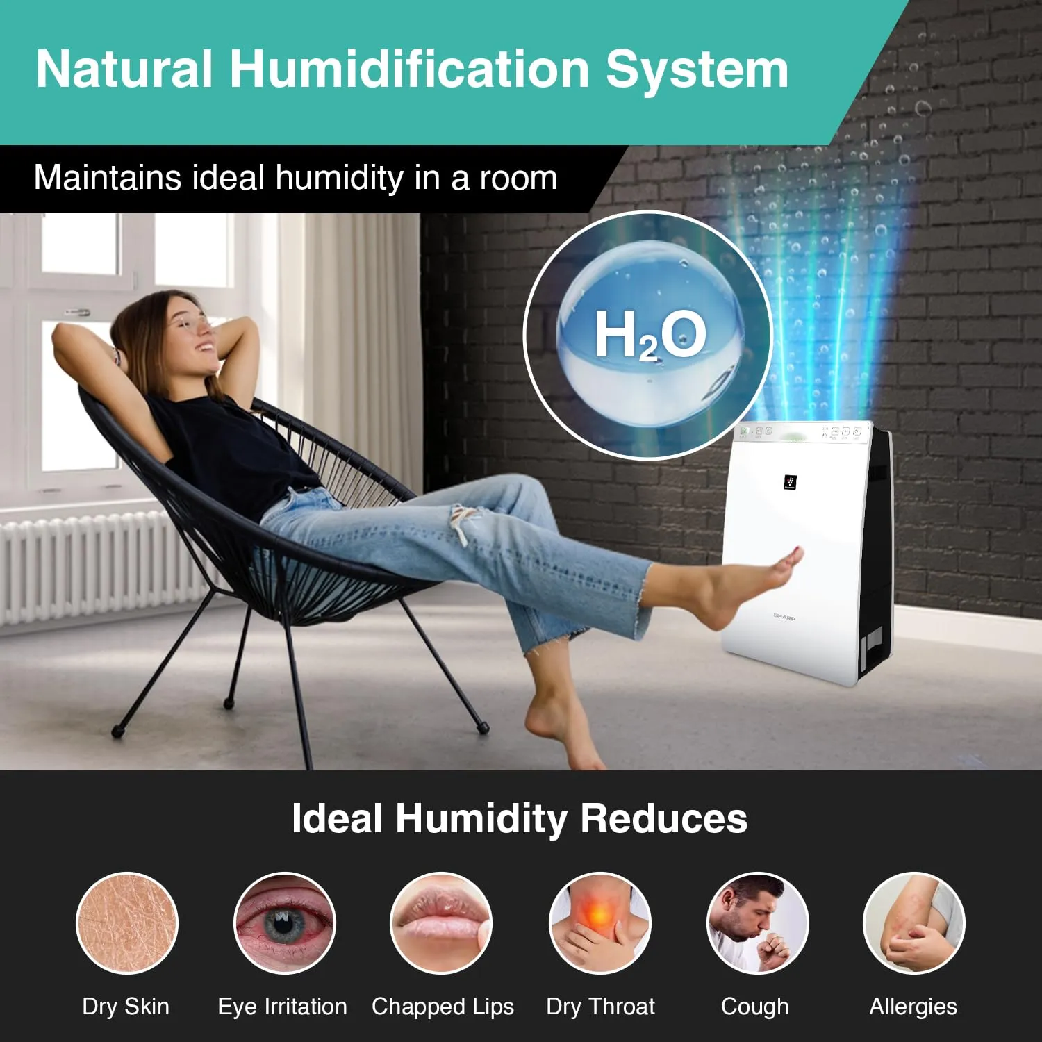 Sharp Plasmacluster Air Purifier with Humidification, for Rooms of up to 226 sq ft KC-F30E-W