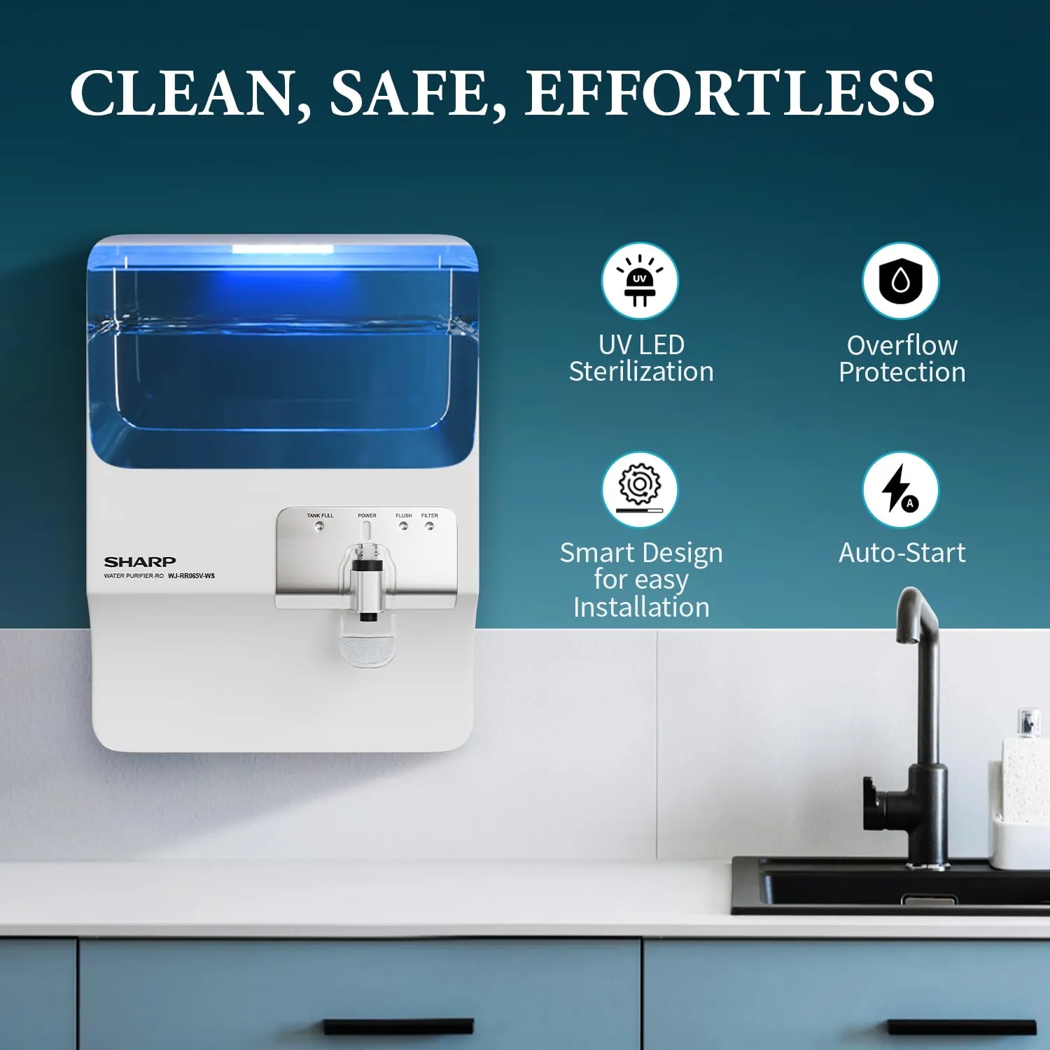 SHARP WJ-RR065V-WS RO   UV Water Purifier I 7-Stage Purification I CeroSilver Technology I In-Tank UV LED I Suitable for all water sources I  White Silver