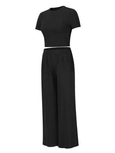 Short Sleeve Matching Crop Top And Pants Set
