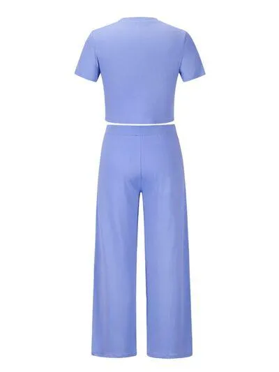 Short Sleeve Matching Crop Top And Pants Set