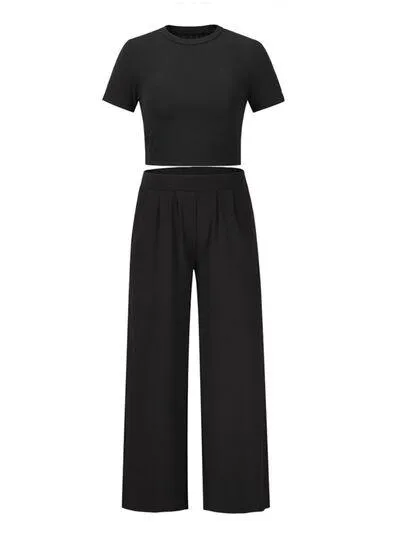 Short Sleeve Matching Crop Top And Pants Set
