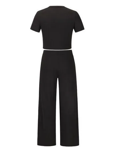 Short Sleeve Matching Crop Top And Pants Set
