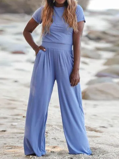 Short Sleeve Matching Crop Top And Pants Set