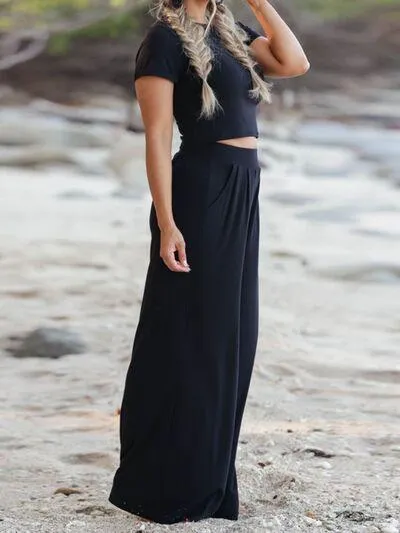 Short Sleeve Matching Crop Top And Pants Set