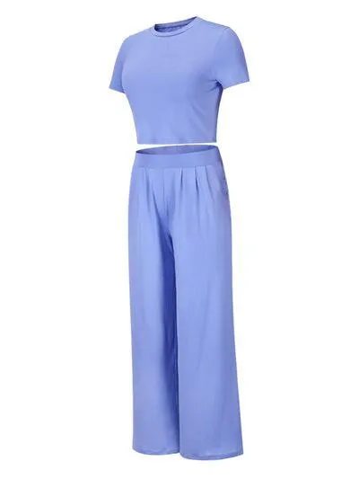 Short Sleeve Matching Crop Top And Pants Set